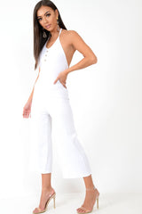 White Rib Halterneck Button Front Jumpsuit - Calirose-Jumpsuits
