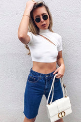 White Rib High Neck Crop Top - Talina-Crop Tops
