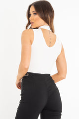 White Rib High Neck Cut Out Back Bodysuit - Leara-Bodysuits