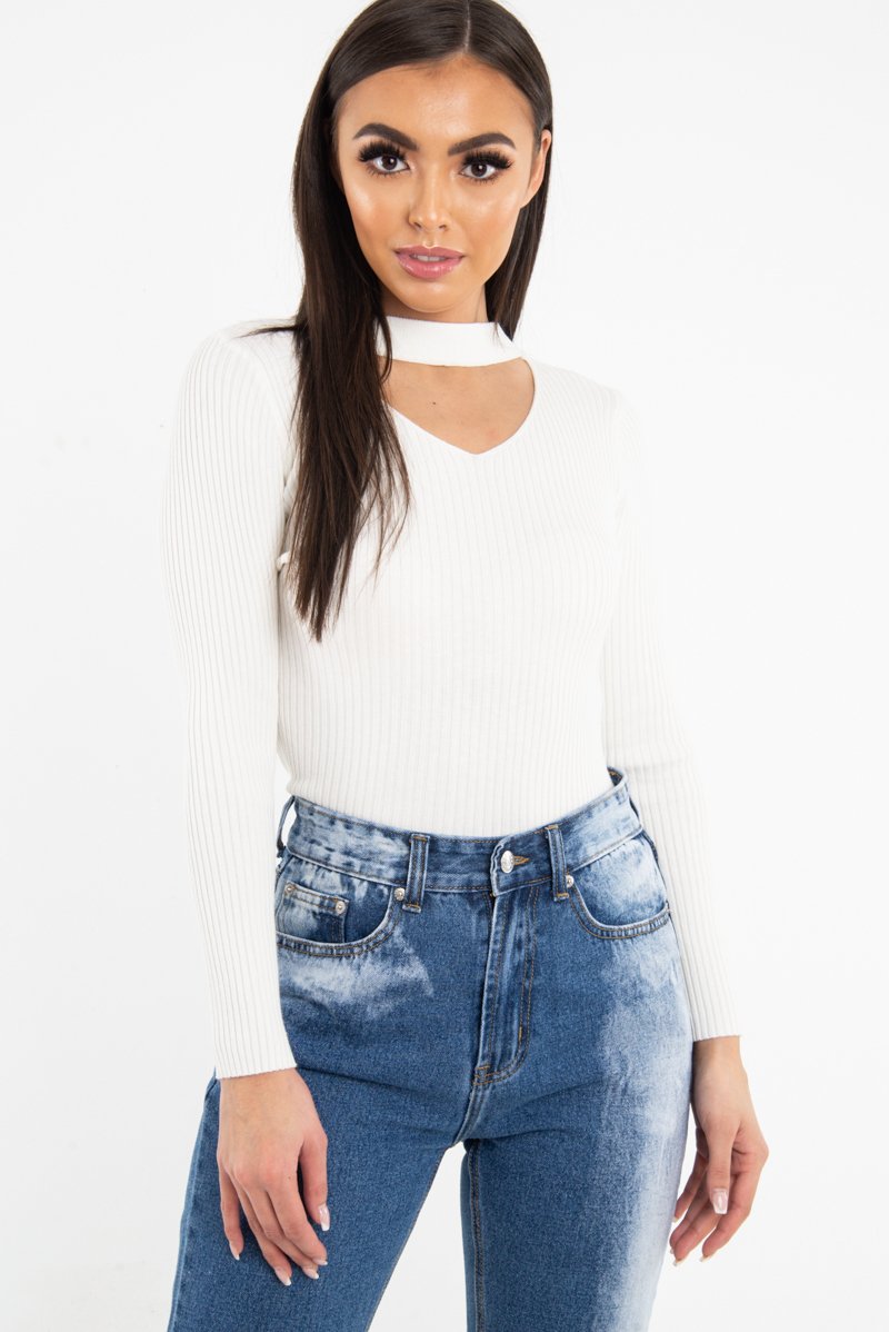 White Rib Knit Choker Cut Out Jumper - Jamisen-Jumper