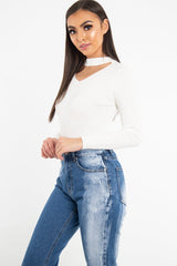 White Rib Knit Choker Cut Out Jumper - Jamisen-Jumper