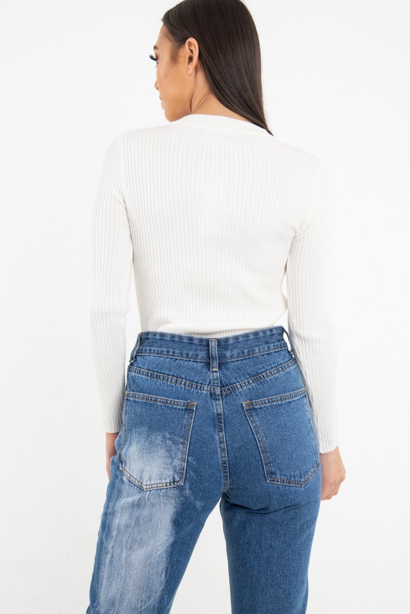 White Rib Knit Choker Cut Out Jumper - Jamisen-Jumper