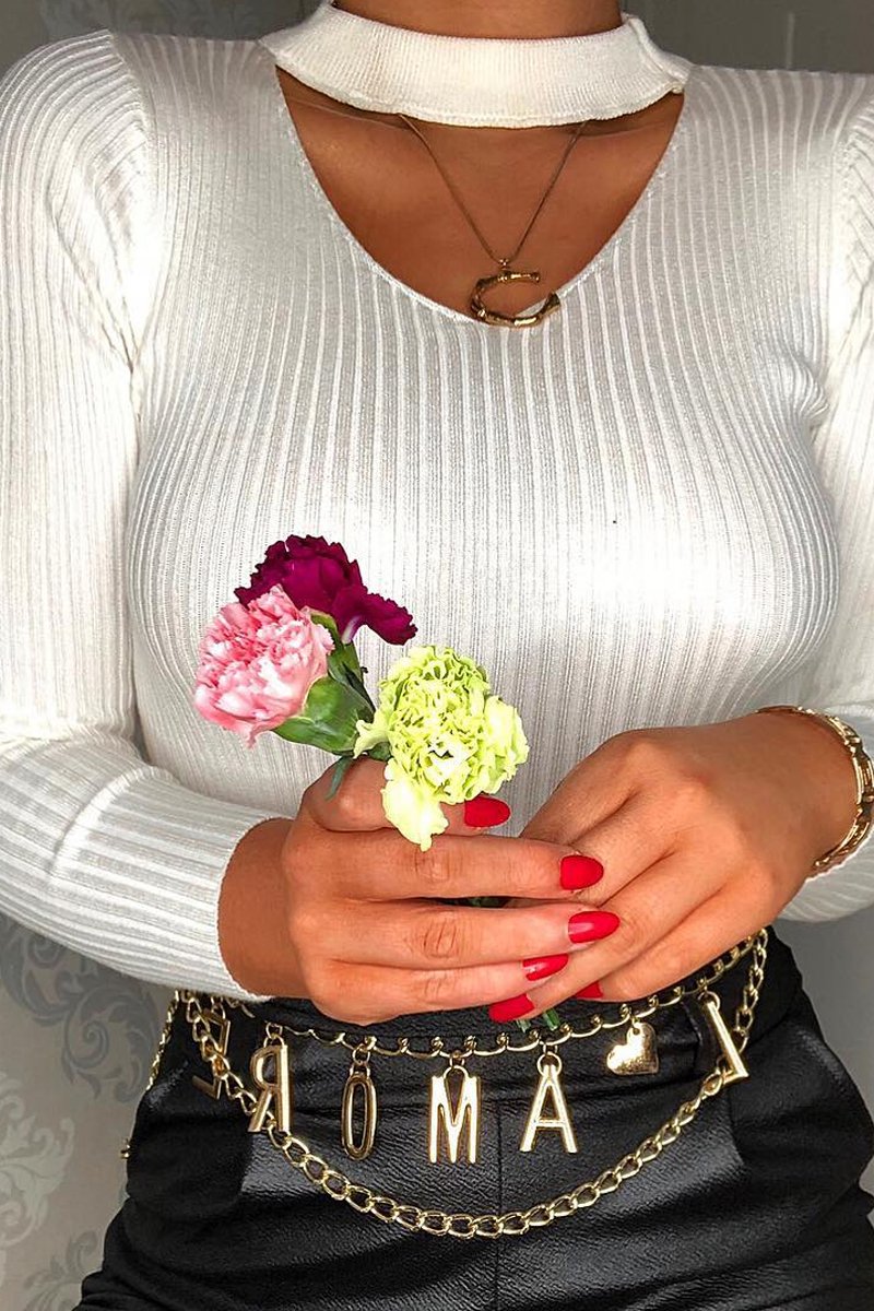 White Rib Knit Choker Cut Out Jumper - Jamisen-Jumper