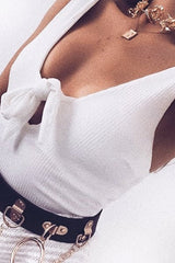 White Rib Plunge Tie Front Bodysuit - Ryver-Bodysuits