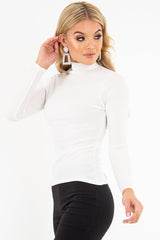 White Rib Roll Neck Long Sleeve Top - Marci-Tops