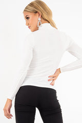 White Rib Roll Neck Long Sleeve Top - Marci-Tops