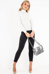 White Rib Roll Neck Long Sleeve Top - Marci-Tops