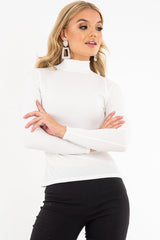 White Rib Roll Neck Long Sleeve Top - Marci-Tops