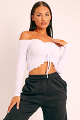 White Ribbed Bardot Crop Top - Daniah-Crop Tops