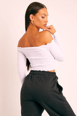 White Ribbed Bardot Crop Top - Daniah-Crop Tops