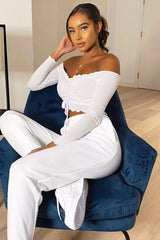 White Ribbed Bardot Crop Top - Daniah-Crop Tops