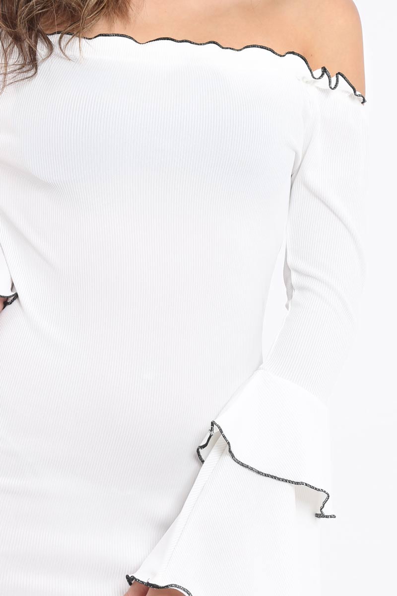 White Ribbed Bell Sleeve Mini Dress - Ariana-Dresses