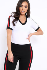 White Ribbed Bodysuit with Contrast Trim - Libi-Bodysuits