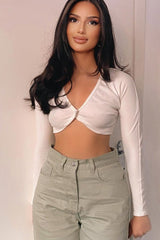 White Ribbed Button Fastening Crop Top - Francia-Crop Tops