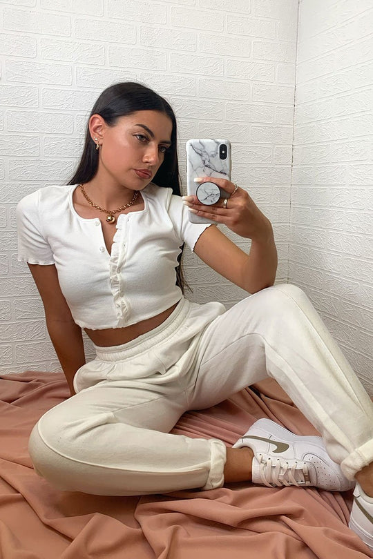White Ribbed ButtonFrill Hem Crop Top - Pennie