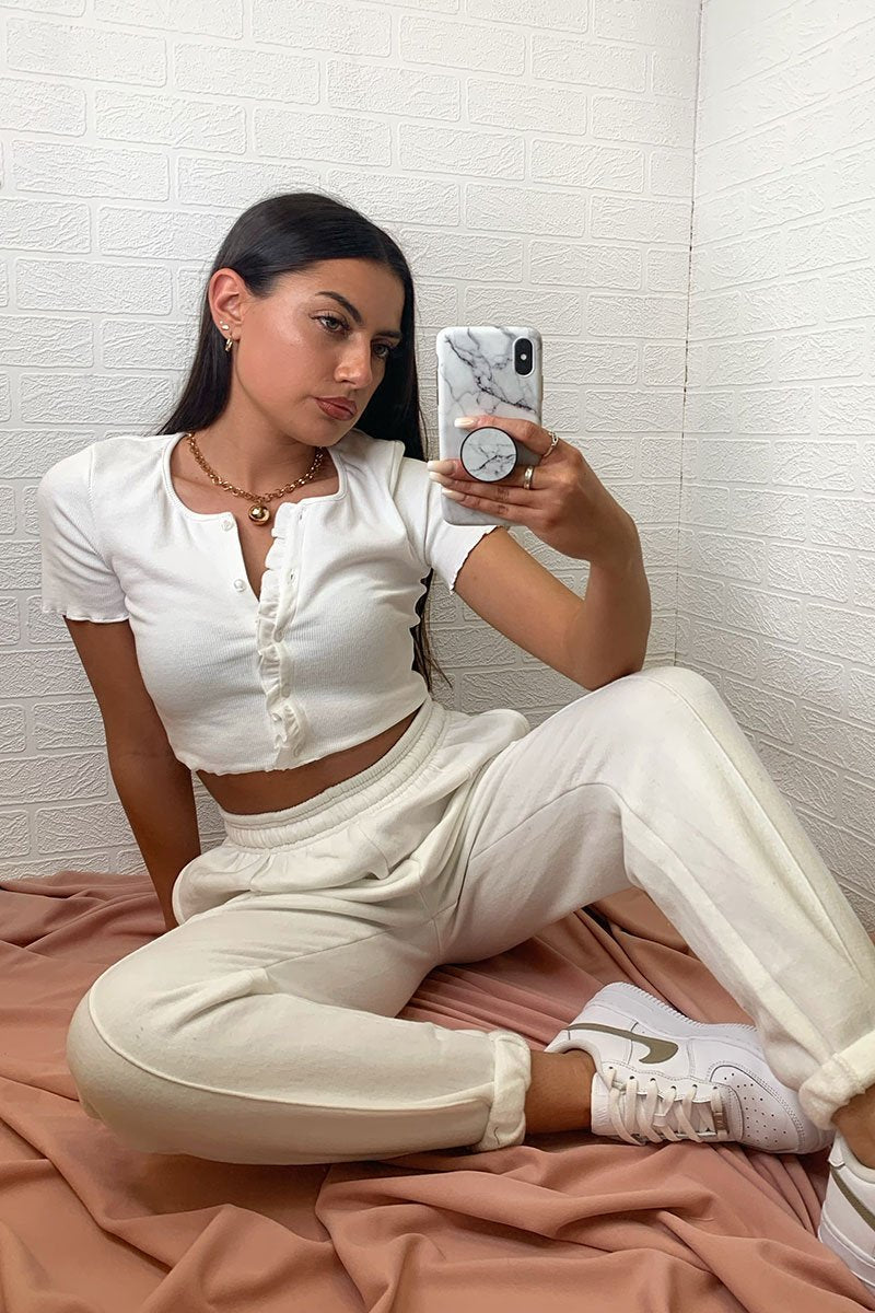 White Ribbed ButtonFrill Hem Crop Top - Pennie-Crop Tops