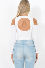 White Ribbed Cold Shoulder Bodysuit - Gigi-Bodysuits