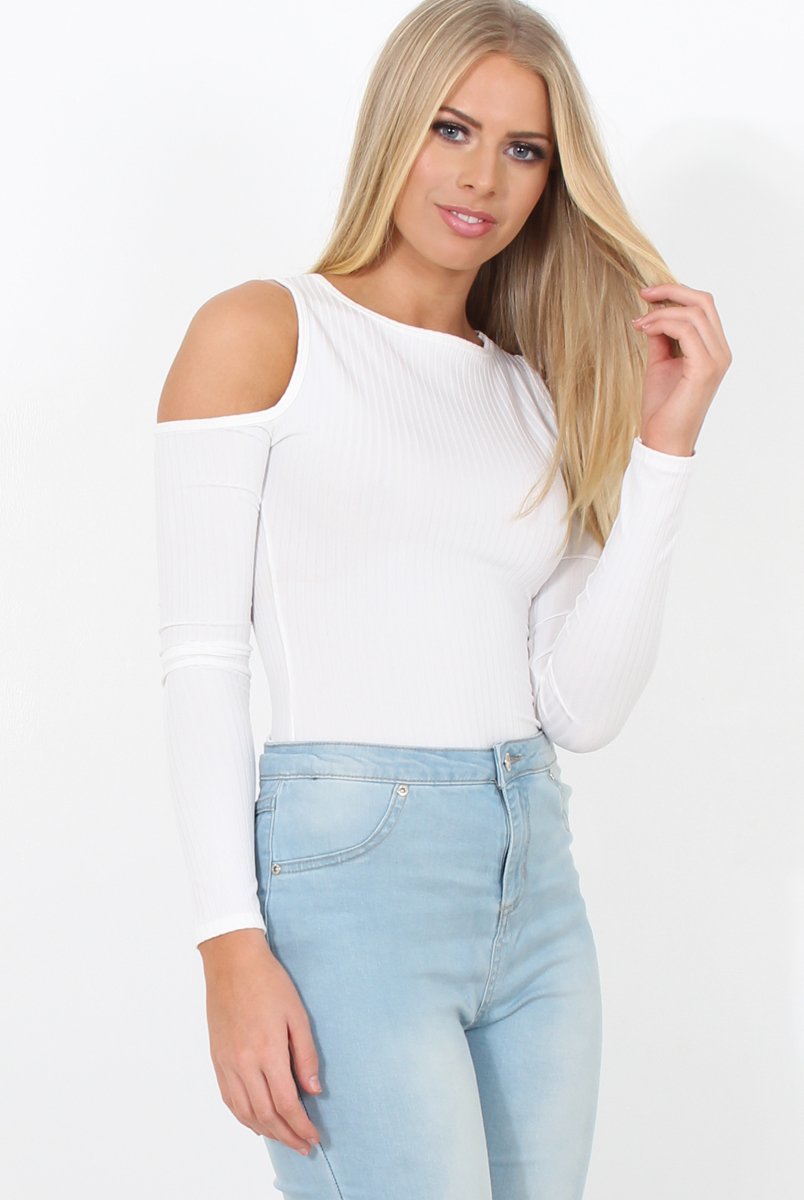 White Ribbed Cold Shoulder Bodysuit - Gigi-Bodysuits