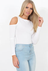 White Ribbed Cold Shoulder Bodysuit - Gigi-Bodysuits