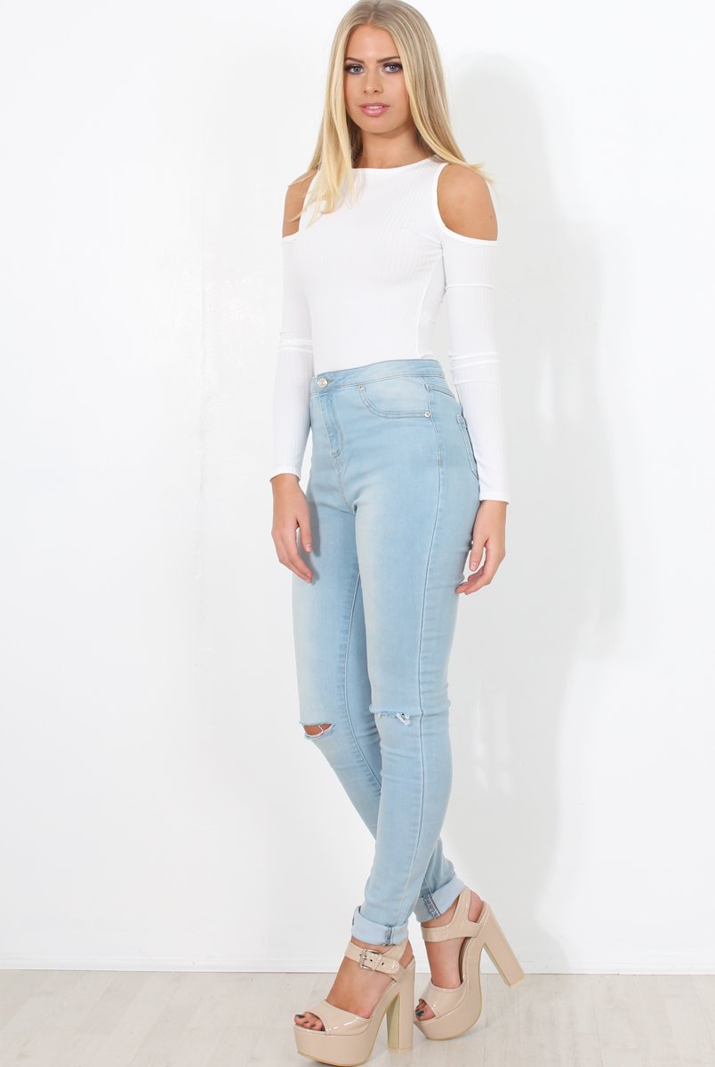 White Ribbed Cold Shoulder Bodysuit - Gigi-Bodysuits