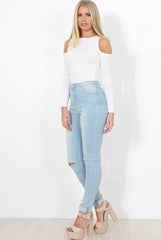 White Ribbed Cold Shoulder Bodysuit - Gigi-Bodysuits