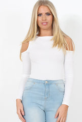 White Ribbed Cold Shoulder Bodysuit - Gigi-Bodysuits