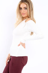 White Ribbed Cold Shoulder Jumper - Briella-Jumper