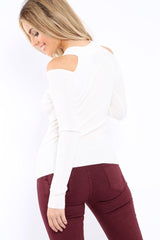 White Ribbed Cold Shoulder Jumper - Briella-Jumper