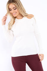 White Ribbed Cold Shoulder Jumper - Briella-Jumper