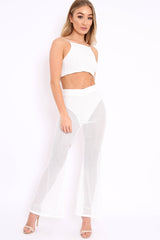 White Ribbed Crop Top and Sheer Trousers Co-ord - Nayana-Co-ords