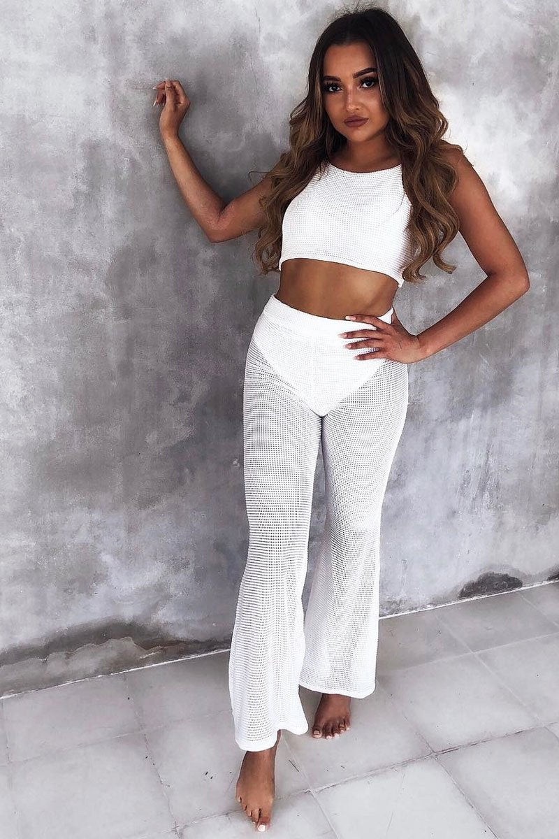 White Ribbed Crop Top and Sheer Trousers Co-ord - Nayana-Co-ords