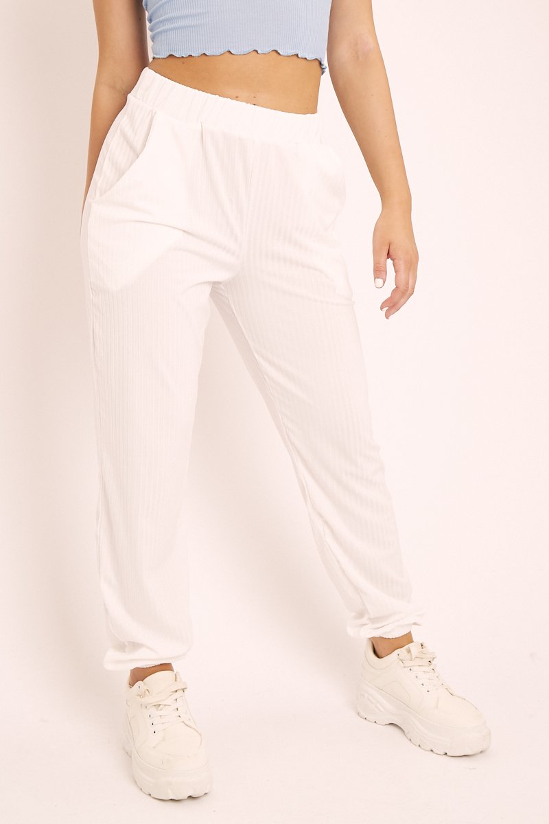 White Ribbed Cuffed Trousers - Scarletta-Trousers