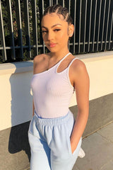 White Ribbed Double Strap One Shoulder Bodysuit - Lavia-Bodysuits