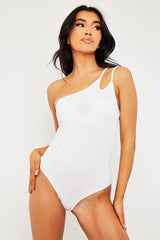 White Ribbed Double Strap One Shoulder Bodysuit - Lavia-Bodysuits