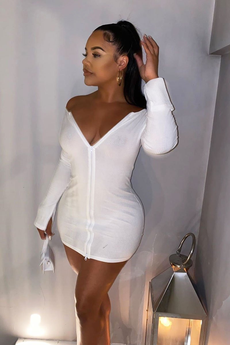 White Ribbed Double Zip Bodycon Mini Dress - Bellani-Dresses
