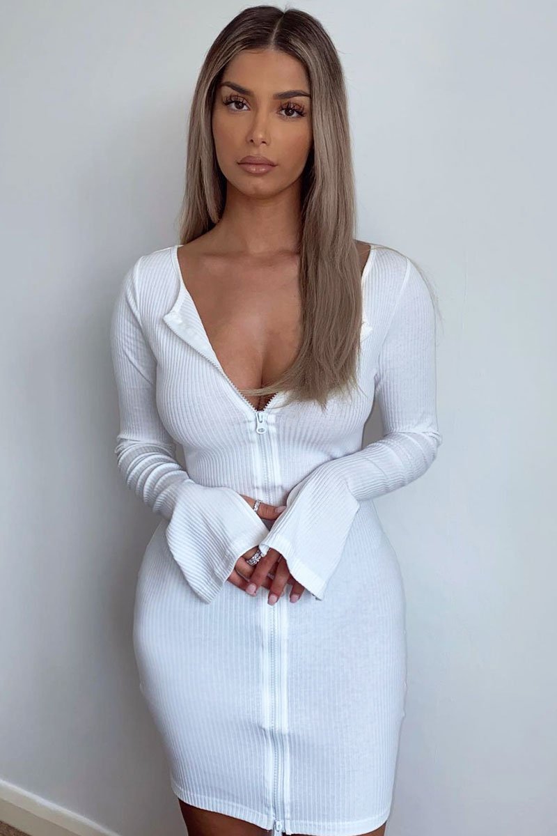 White Ribbed Double Zip Bodycon Mini Dress - Bellani-Dresses