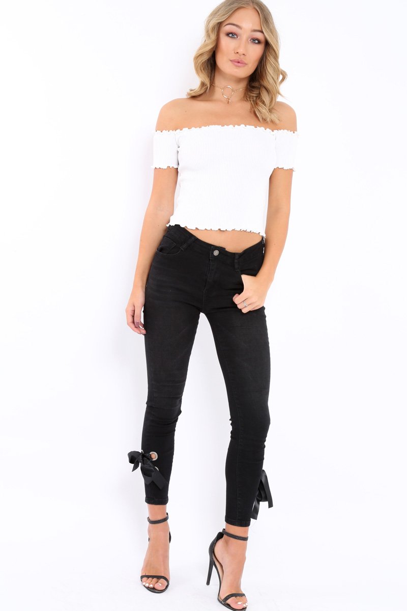 White Ribbed Frill Hem Bardot Crop Top - Adelle-Crop Tops