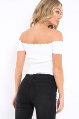 White Ribbed Frill Hem Bardot Crop Top - Adelle-Crop Tops