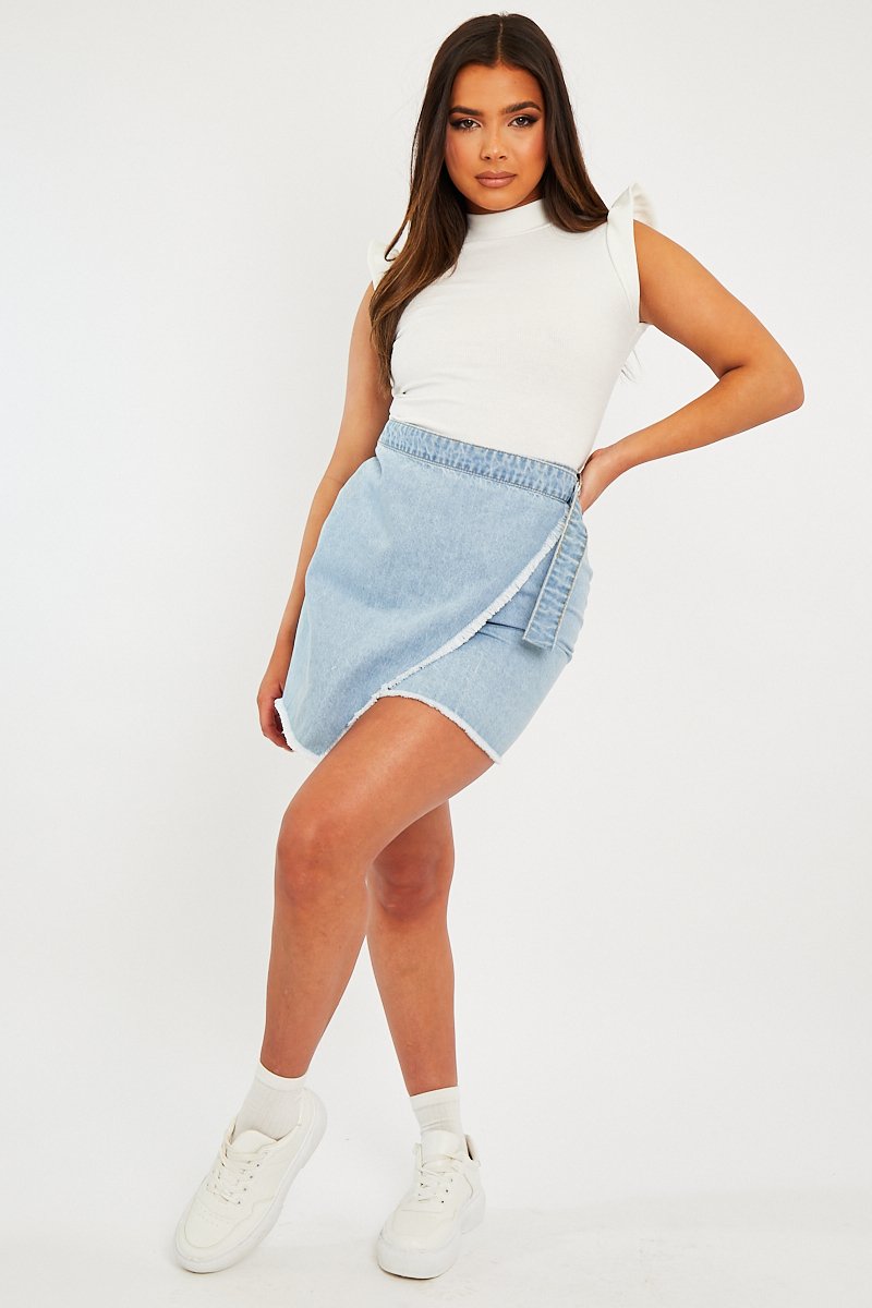 White Ribbed Frill Shoulder Crop Top - Khyla-Crop Tops