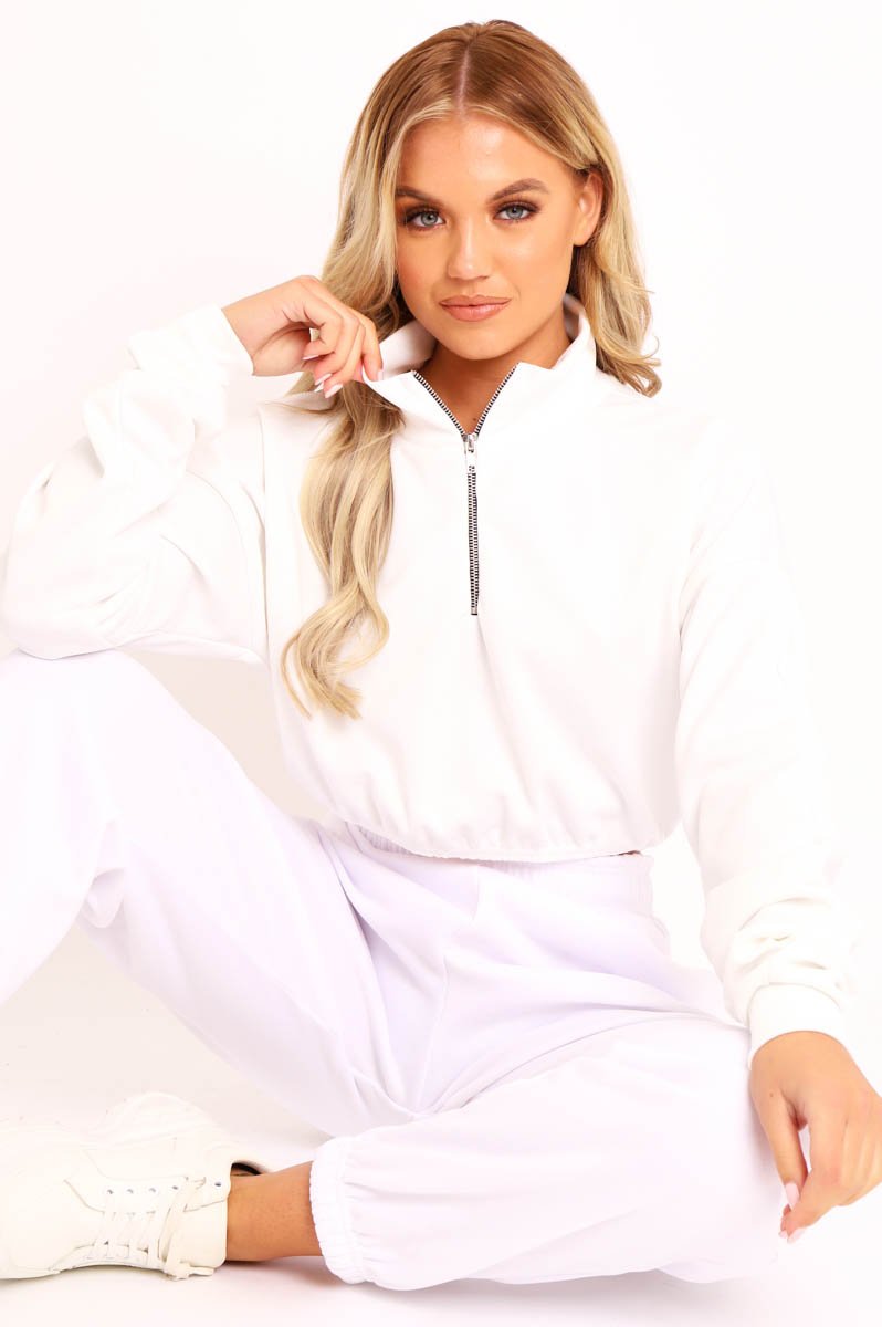 White Ribbed Front Zip Sweater - Reeta-Sweatshirts
