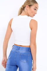 White Ribbed High Neck Crop Top - Kamira-Tops