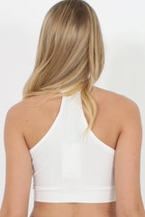 White Ribbed High Neck Split Front Crop Top - Katla-Crop Tops