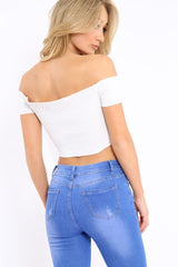 White Ribbed Lace Up Bardot Crop Top - Arianna-Crop Tops