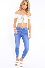 White Ribbed Lace Up Bardot Crop Top - Arianna-Crop Tops
