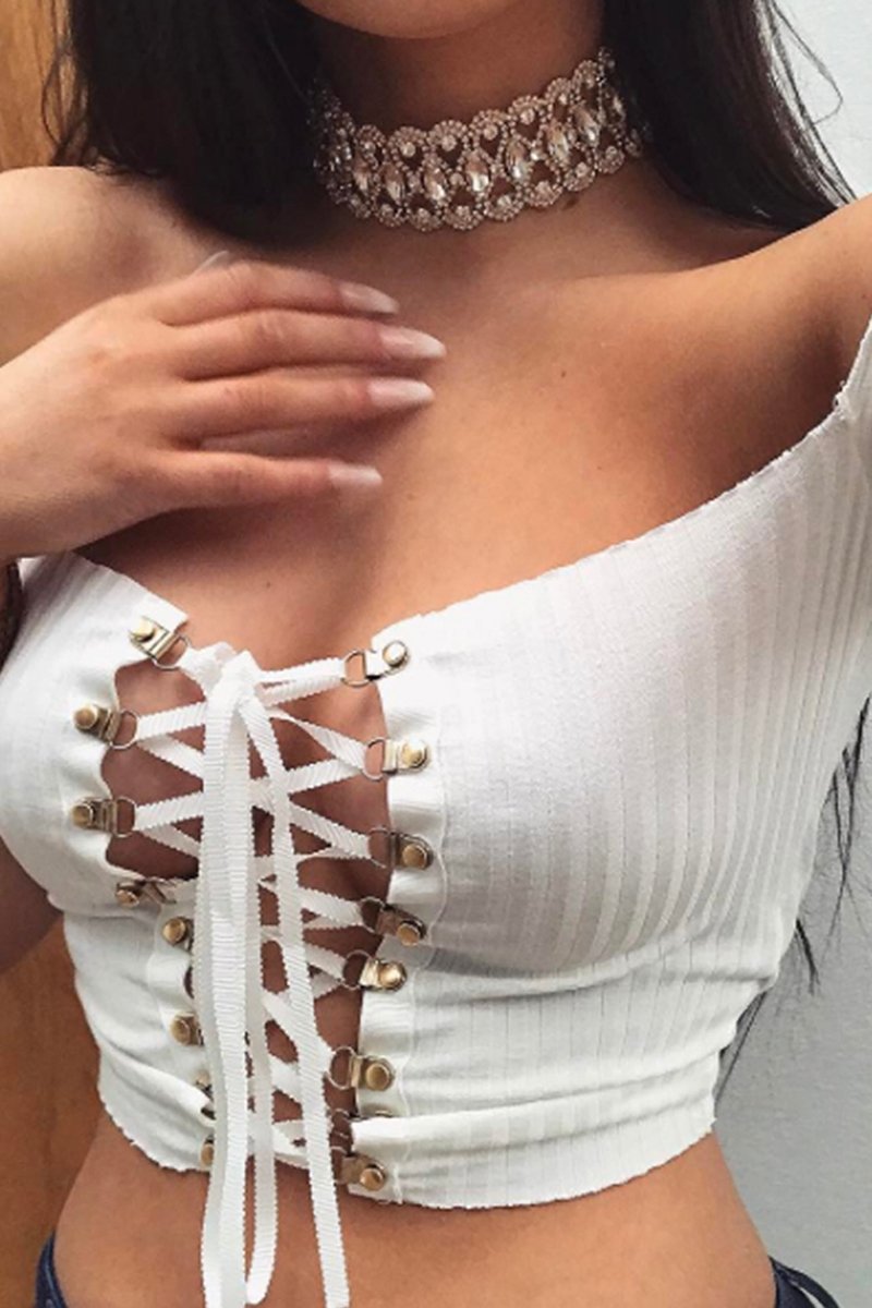 White Ribbed Lace Up Bardot Crop Top - Arianna-Crop Tops