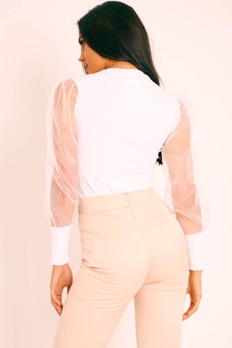 White Ribbed Mesh Long Sleeve Top - Sonaya-Tops