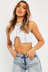 White Ribbed Notch Contrast Stitch Crop Top - Rinnah-Crop Tops