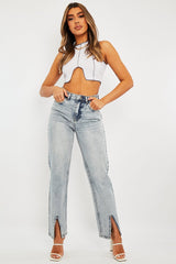 White Ribbed Notch Contrast Stitch Crop Top - Rinnah-Crop Tops