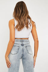 White Ribbed Notch Contrast Stitch Crop Top - Rinnah-Crop Tops