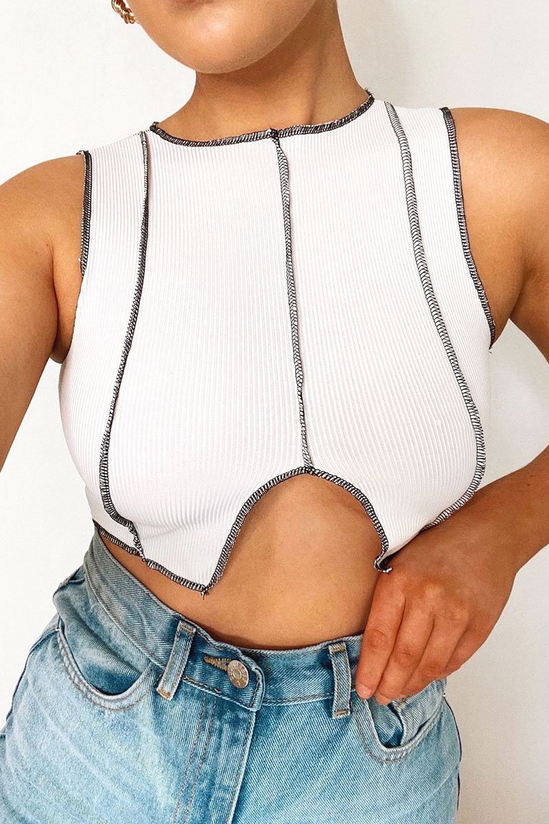 White Ribbed Notch Contrast Stitch Crop Top - Rinnah-Crop Tops